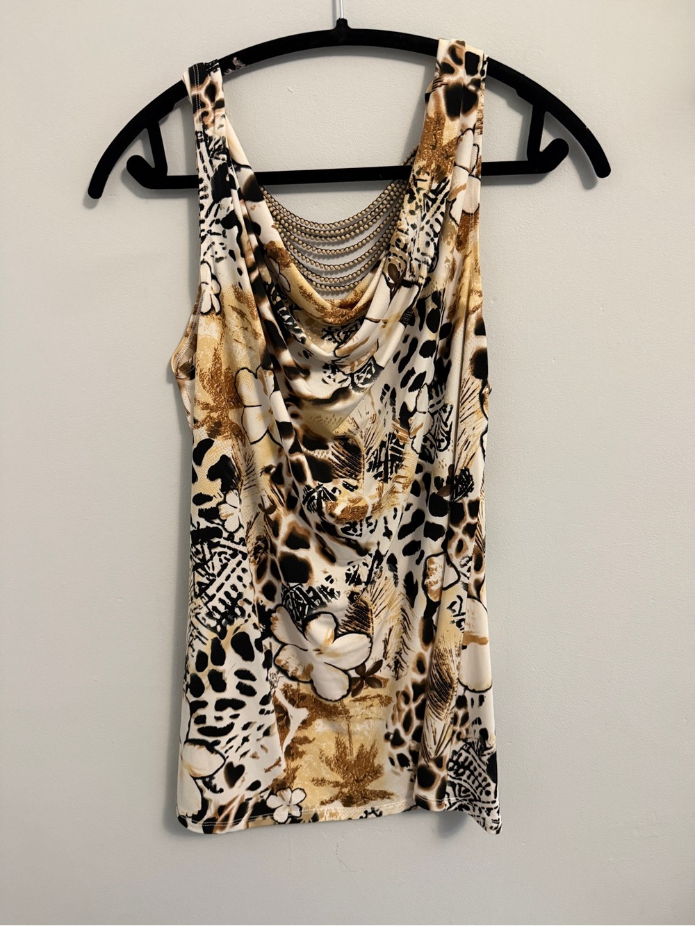 Frank Lyman Design Cream, Gold & Black Printed Draped Tank with Chain Detail